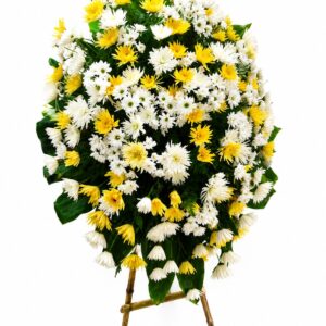 Corona funebre en flores amarillas y blancas Chipre Manizales Caldas Colombia