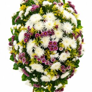 Corona funebre en flores moradas y blancas Chipre Manizales Caldas Colombia
