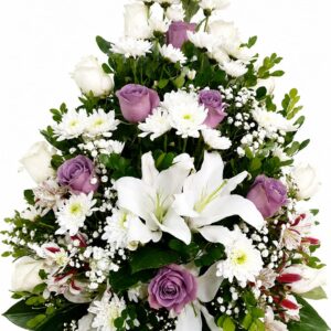 Ramo funebre en flores moradas y blancas Chipre Manizales Caldas Colombia