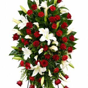 Ramo funebre en flores rojas y blancas Chipre Manizales Caldas Colombia